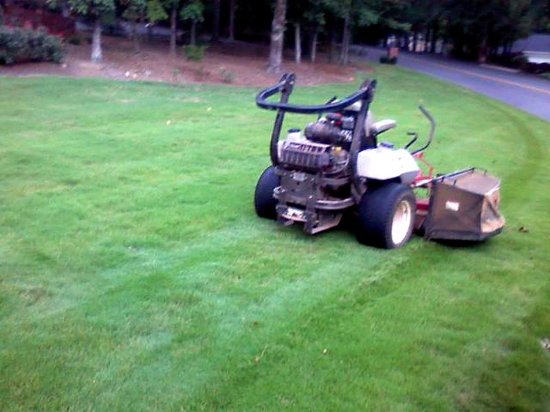 Zero-turn mower cutting fresh stripes into a lawn